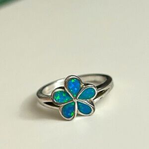 Blue opal flower ring, 925 silver, size 7